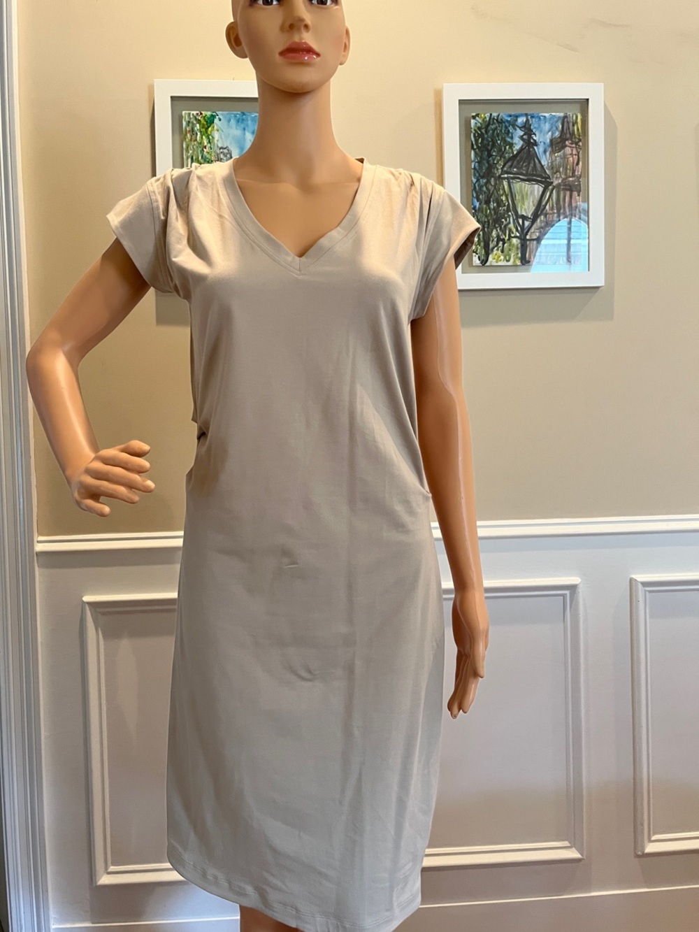 Athleta Light Beige/Taupe V‑Neck Tee Dress